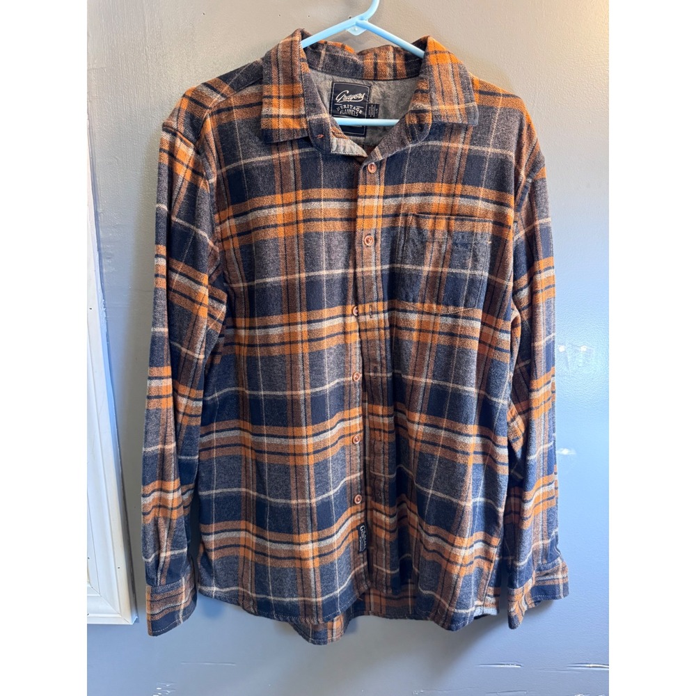 Grayers Heritage Flannels Mens Large Plaid Button Down Shirt Orange Blue Cotton